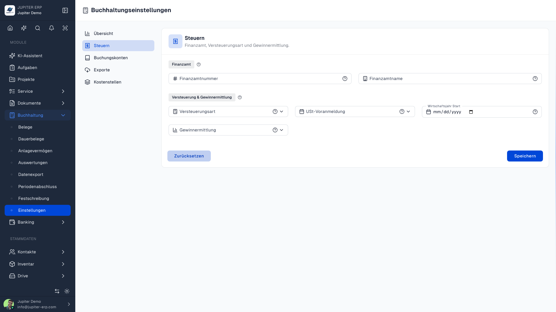 Einstellungen für Umsatzsteuer