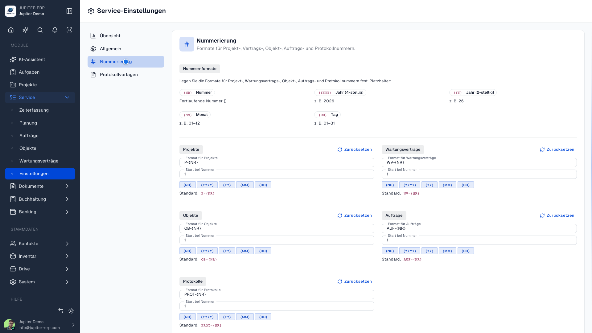 Nummernkreise für Servicevorgänge