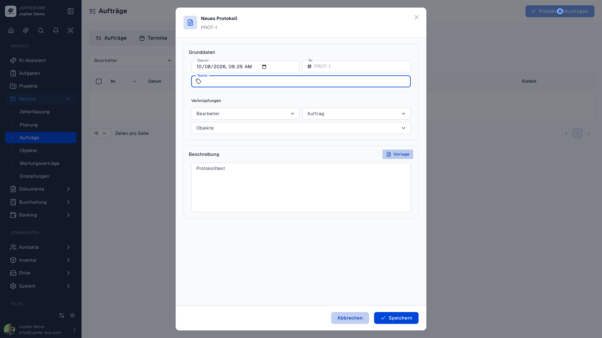 Textbereich eines Serviceprotokolls